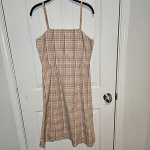 ​J. Crew Plaid Cotton Midi Dress Square Neck Spaghetti Strap Pink Tan Size 6